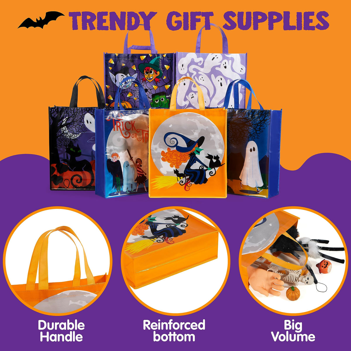 JOYIN 12PCS Halloween Large Treat Goody Tote Bags, 17” x 15” Halloween Candy Gift Bags Bulk, Goodie Snack Baggies for Kids Trick or Treating, School Classroom Gifts, Party Favor Supplies in 6 Designs