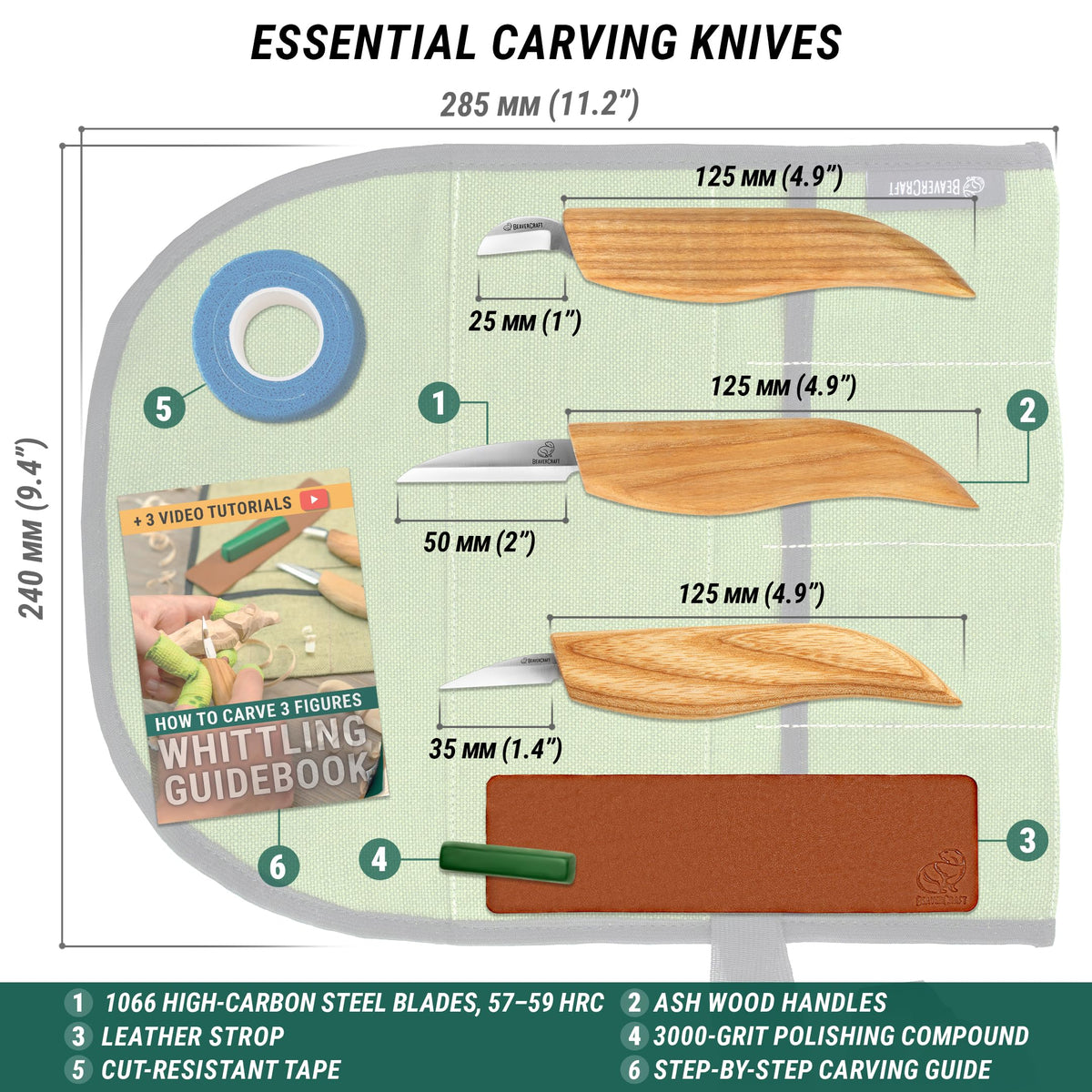 BeaverCraft Wood Carving Knife Kit S15 Whittling Kit for Beginners, Kids - Wood Carving Tools Set with Detail Chip Knife Sloyd Whittling Knives & Leather Strop, Polishing Compound and Tutorials
