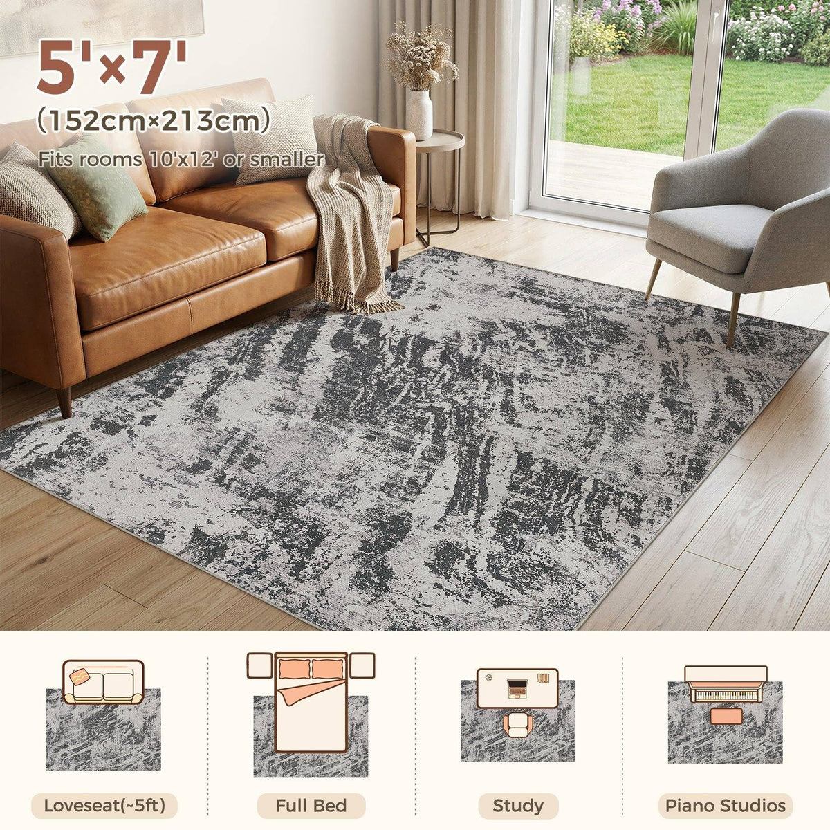 DMOYEST 5x7 Washable Area Rug: Abstract Modern Non-Slip Carpet, Soft Low Pile Indoor Neutral Easy Clean Floor Rugs for Living Room Bedroom Dining Room Kids & Pets - Black