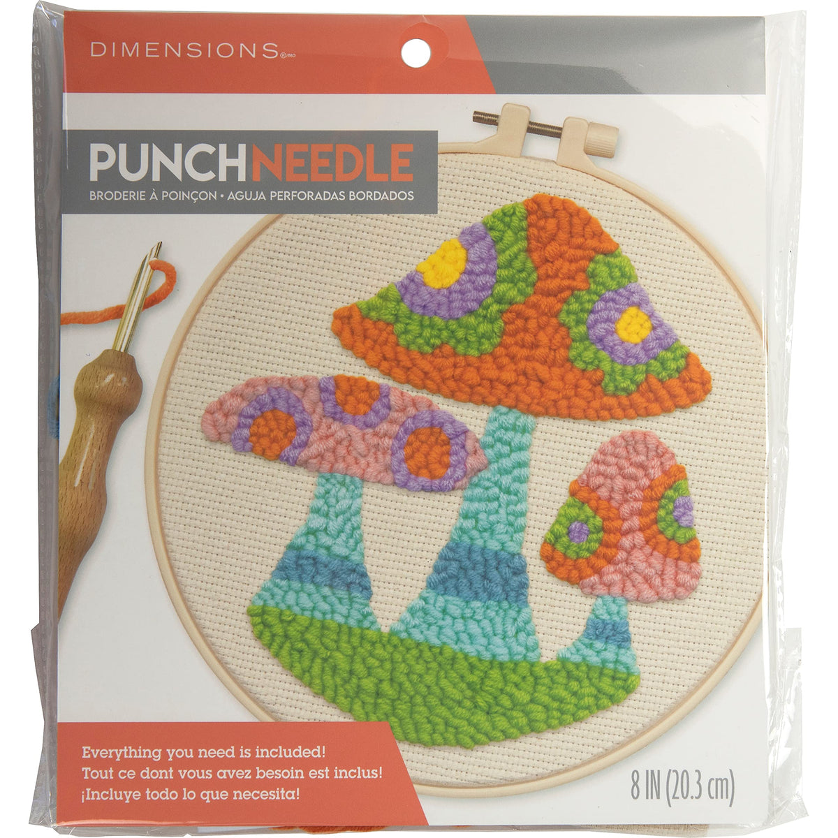 Dimensions 72-76394 Mushrooms Punch Needle Kit for Beginners, 8" Diameter, Multicolor, 7pcs