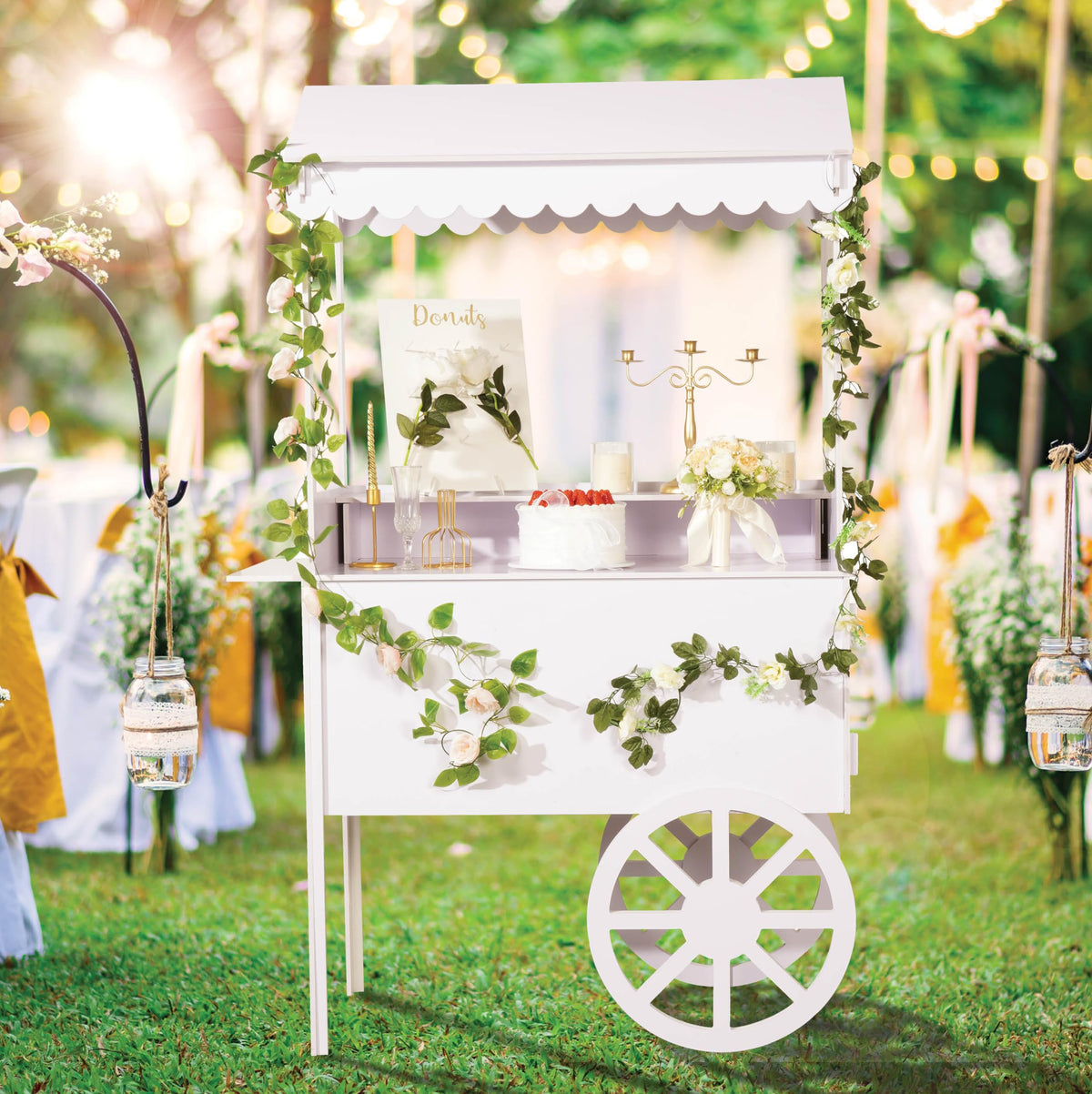 6 FT Tall Candy Cart with Shelf and Wheels for Candy and Dessert Display - Decoration for Parties, Weddings, Bar/Bat Mitzvah - Bar Cart - 24” x 46” x 72” in Carrito De Dulces para Fiestas