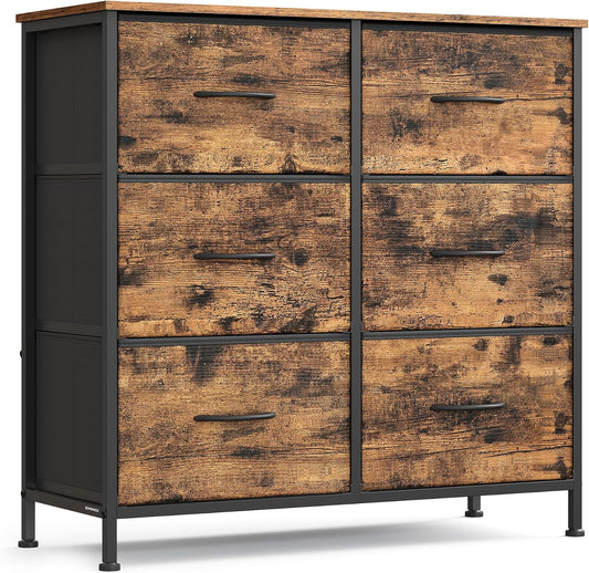 SONGMICS Dresser - 6 Non-Woven Fabric Drawers Storage Organizer Unit | Rustic Brown & Ink Black