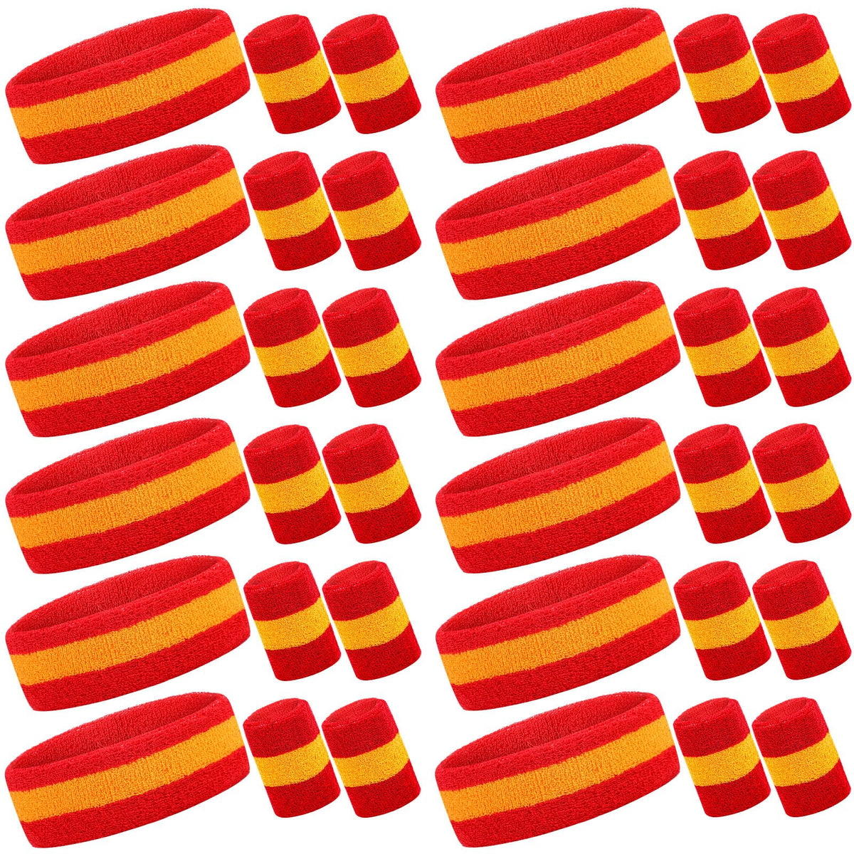 Eurzom 36 Pcs Sweatband Set - 12 Sweat-Absorbing Headbands and 24 Cotton Wristbands for Men, Women, Gym, Sports (Red, Yellow)
