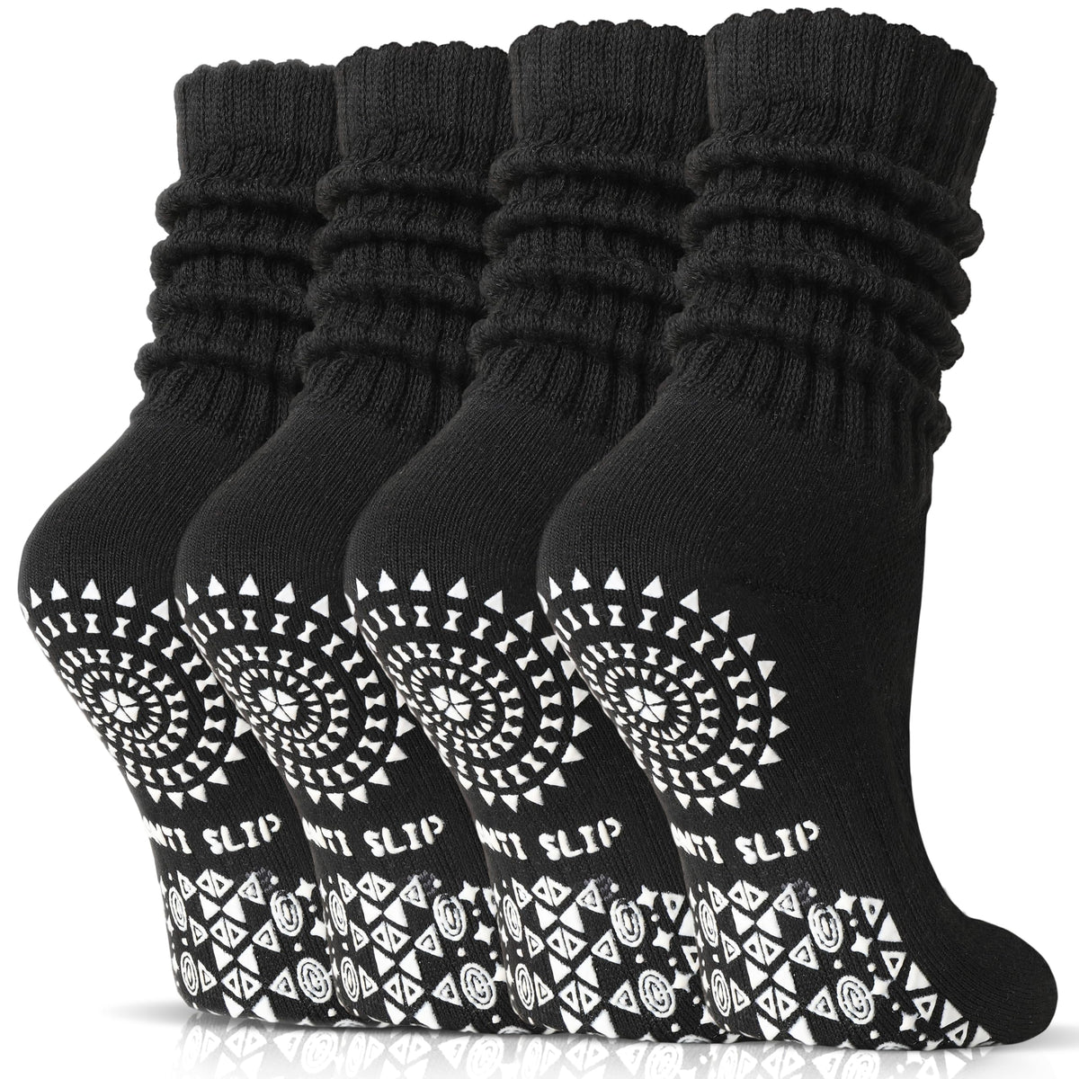 Sandsuced Pilates Grip Slouchy Yoga Socks Winter Warm Cozy Scrunch Boot Grippy Crew Slipper Socks 4 Pairs for Women Gift Stocking Stuffers(Black,M)