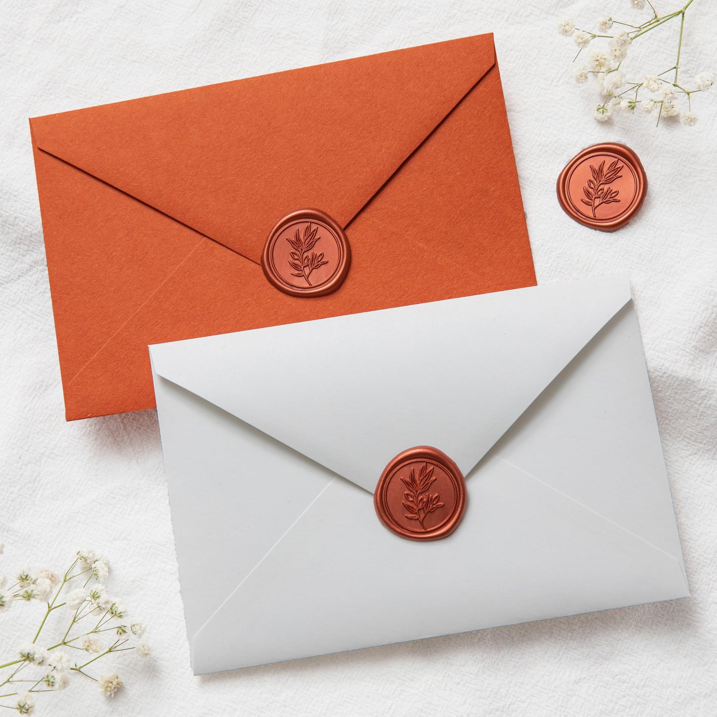 PONATIA 50PCS Terracotta Orange Wax Seal Stickers - Eucalyptus Design Self- Adhesive Stickers Perfect for Wedding Invitation, Envelopes, Christmas Cards, Menu, Vellum Jackets Decoraction