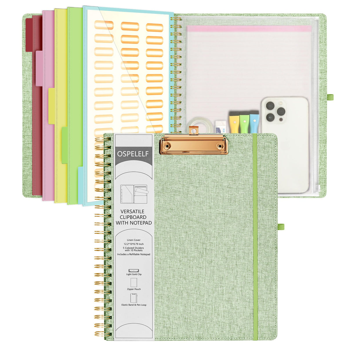 Ospelelf Green Foldable Spiral Clipboard Folio with Storage Zipper Pouch, 5 Plastic Folders with 10 Pockets, Refillable Lined Notepad (11" x 8.5"), Linen Hardcover Project Organizer