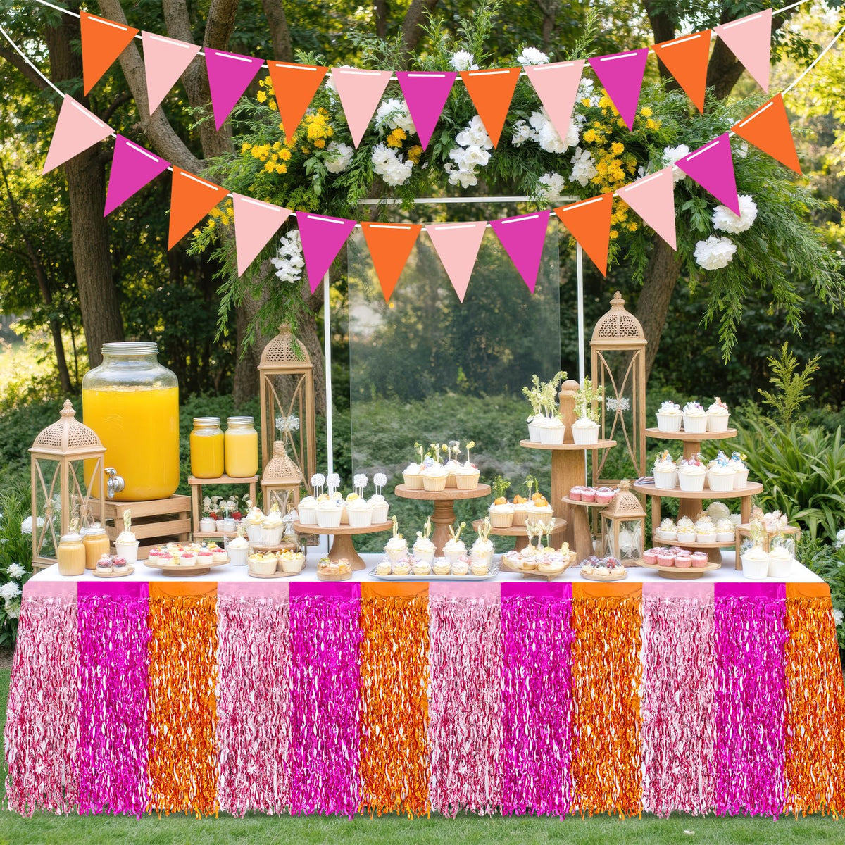 JarThenaAMCS Metallic Tinsel Foil Fringe Table Skirts Light Pink Hot Pink Orange Wavy Disposable Table Skirt 2Pcs Sparkly Party Decor for Parade Floats Wedding Birthday Bride Shower, 29 x 108 Inch
