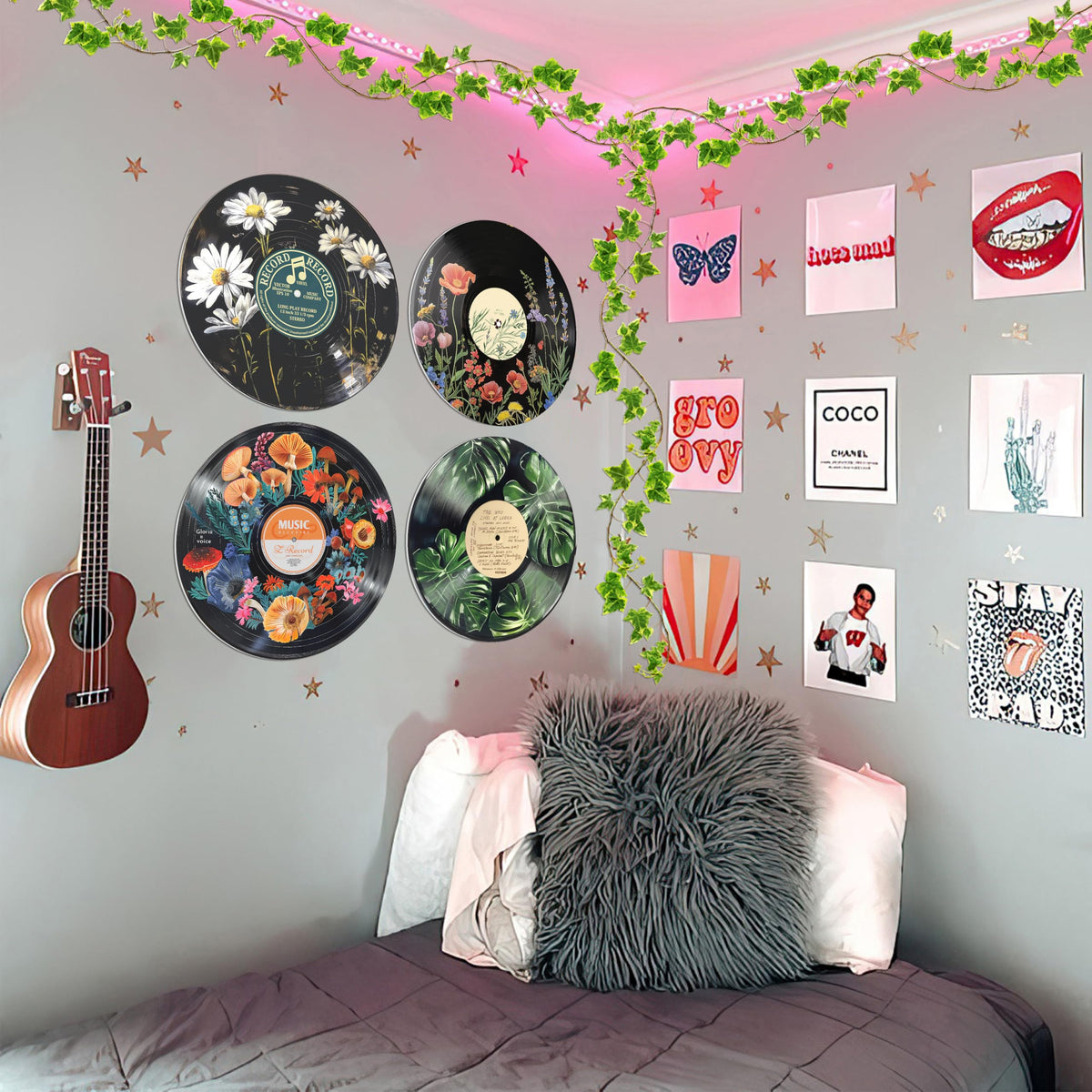 HK Studio Hippie Decor, Posters for Room Aesthetic - Botanical Wall Art, Record Decor, 4pcs 12"