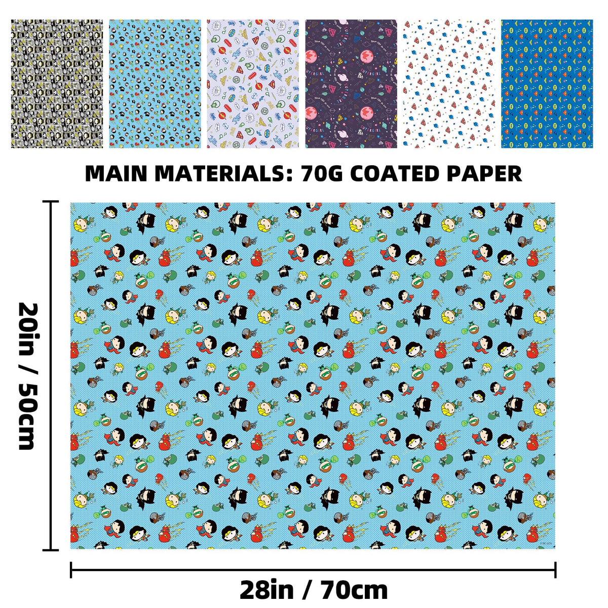 Charon 12 Sheet Cute Hero Birthday Wrapping Paper, 6 Style Mutil Color Festival Art Scrapbook Paper for Men Women Kids Birthday Wedding Baby Shower Halloween Xmas, 20 X 28 Inch (12 Sheet)