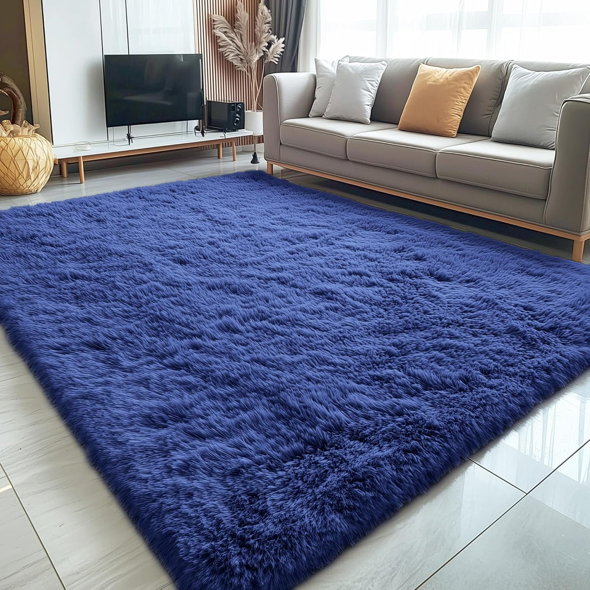 OLANLY Large Area Rug - Soft Fluffy Shaggy Carpet for Living Room & Bedroom | Navy Blue 6x8 ft