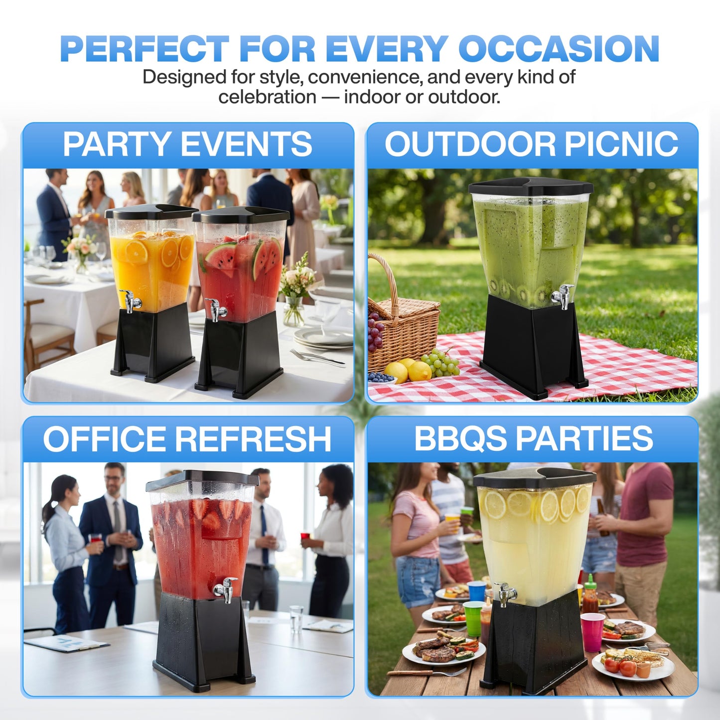 Large Drink Dispenser for Parties (3 Gallon) Slim Plastic Beverage Dispenser with Base for Counter Tops, No Mess, Easy to Assemble & Wash (1 Pack)