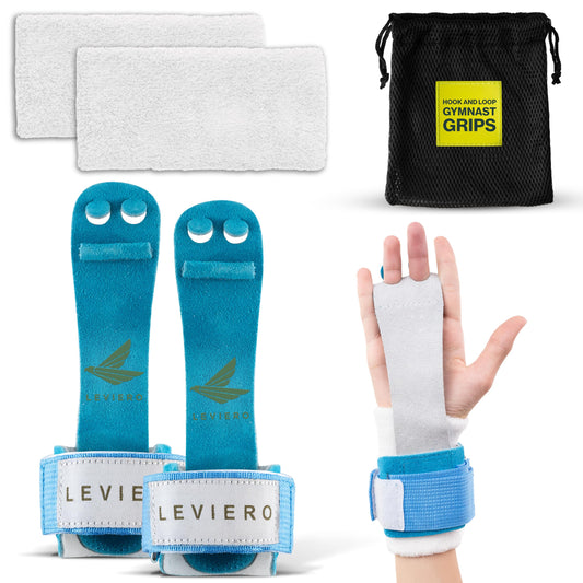LEVIERO Gymnastics Grips Set Narrow Nippers, Grips for Gymnastics Girls, Dowel Grips with Soft Leather, Hook and Loop Wrist Straps, and Adjustable Finger Holes, for All Ages - (Aqua, 00)