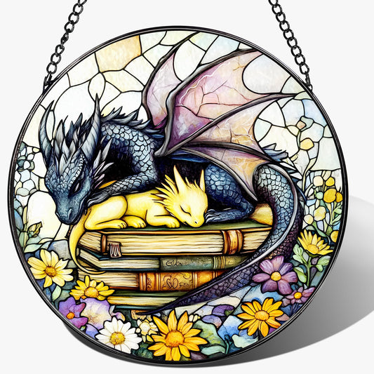 Stained Glass Window Hanging, 8 Inch Dragon Stained Glass Suncatcher, Dragon Decor, Home Decor for Windows, Book Lover Gift, Gifts for Book Lovers, Gifts for Bookworm on Birthday Christmas