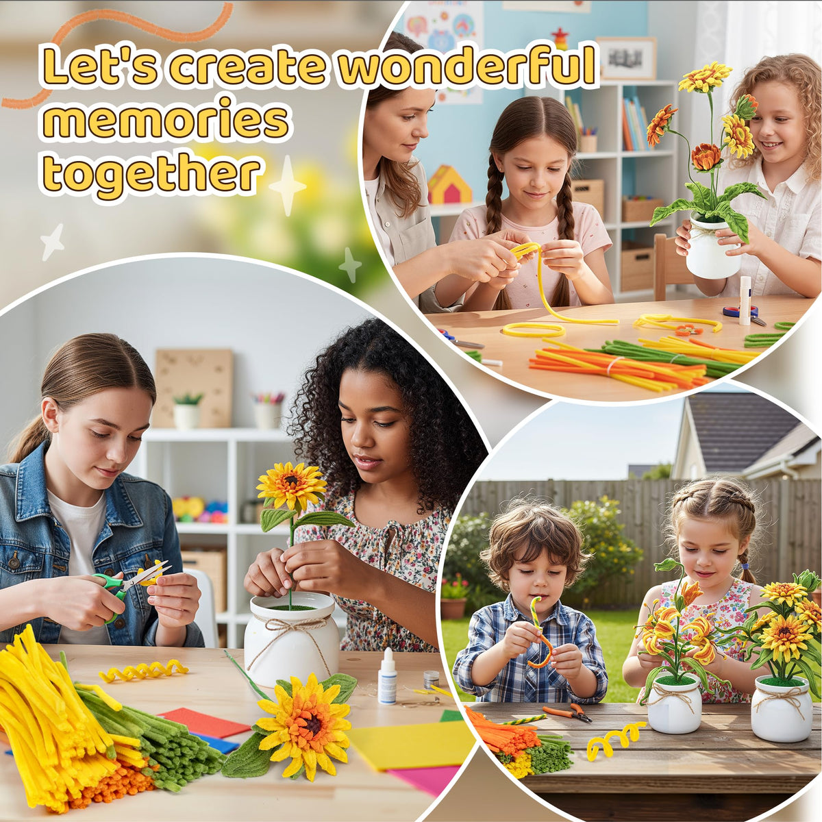 POMBUDS 430 PCS Pipe Cleaners Flower Kit, Sunflower, 6 Bright Color, with Potted Plant Accessories, Durable Chenille Stems Fuzzy Sticks Craft Supplies, Pipe Cleaner for DIY Art and Craft