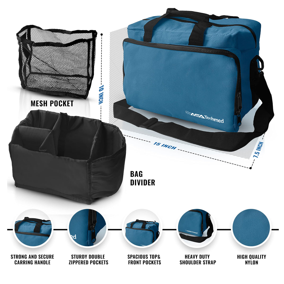 ASA TECHMED Physical Therapy Home Health Aide Comprehensive Kit - Carrying Bag, Blood Pressure Cuff, Stethoscope, Gait Belt - Blue