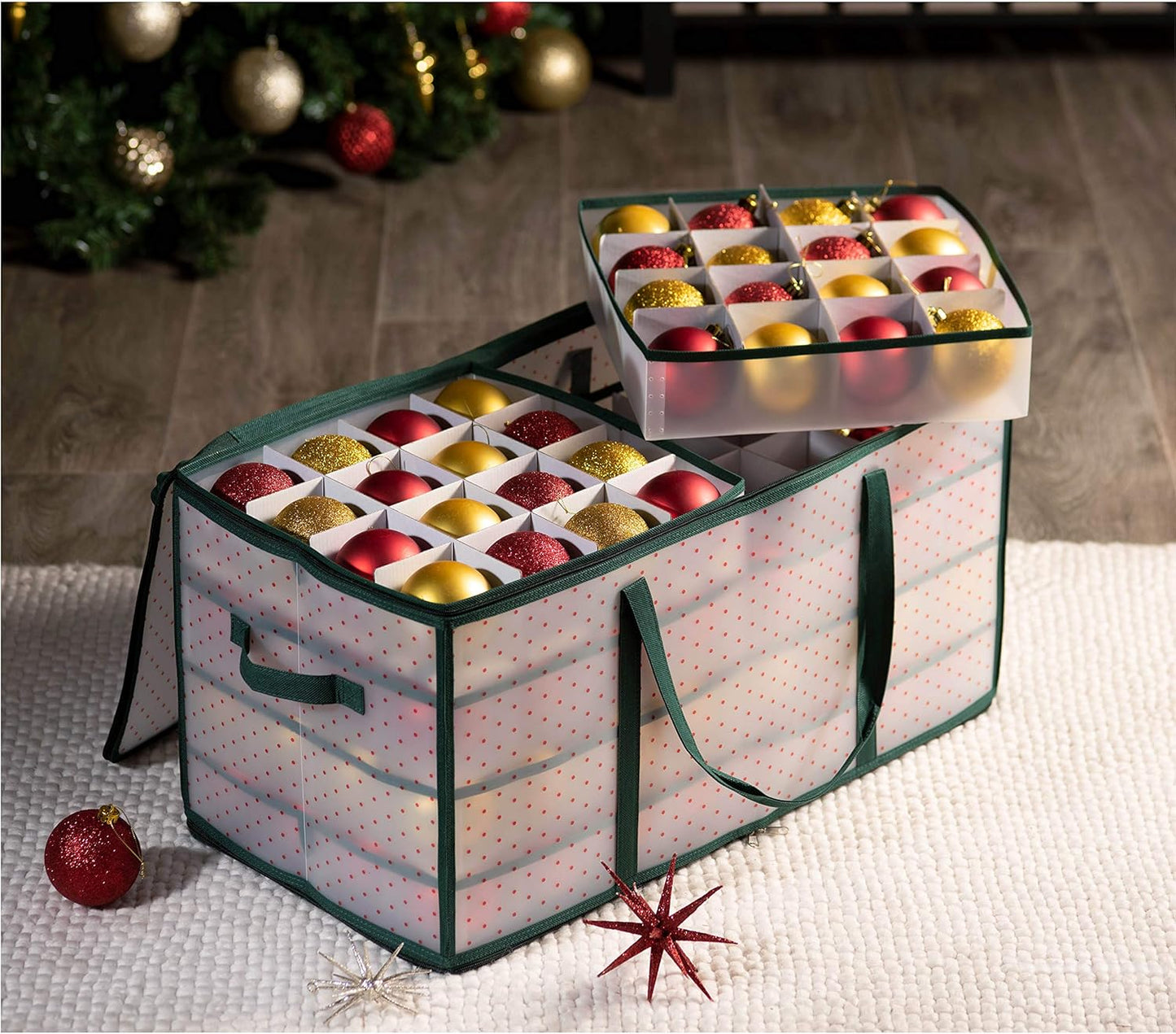 ZOBER Christmas Ornament Storage Box - Durable Organizer for 128 3" Ornaments | Green with Individual Trays