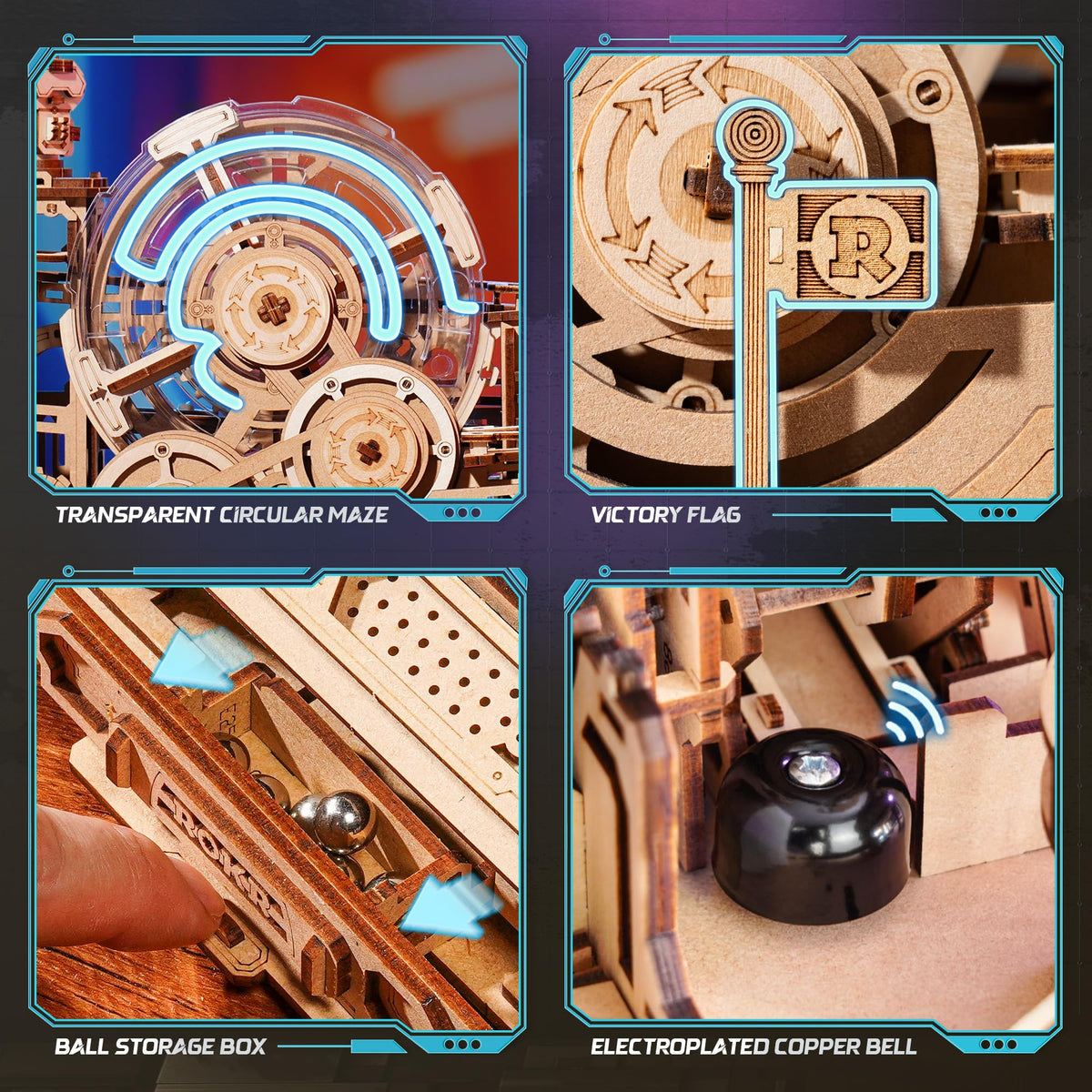 ROKR 3D Wooden Puzzles for Adults Miniature Marble Run Building Toys,DIY Pinball Machine Model Kits-Gear Ball Challenge EGC01