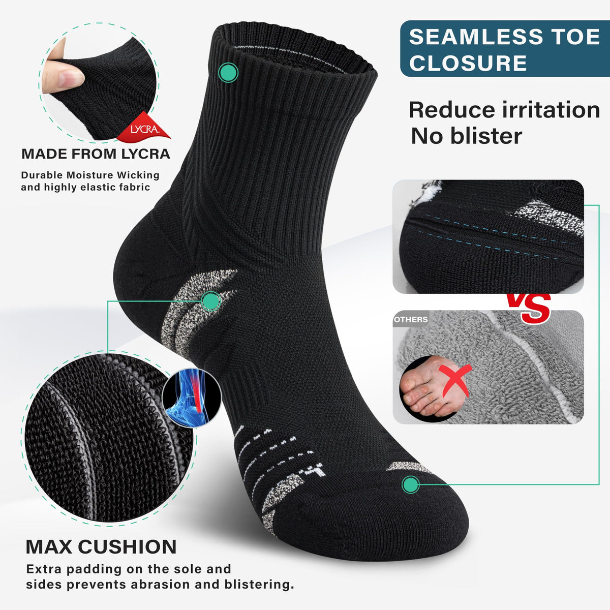 Hylaea Quarter Compression Running Socks, Anti-Blister Athletic Socks with Cushion and Moisture Wicking Coolmax, Black Large