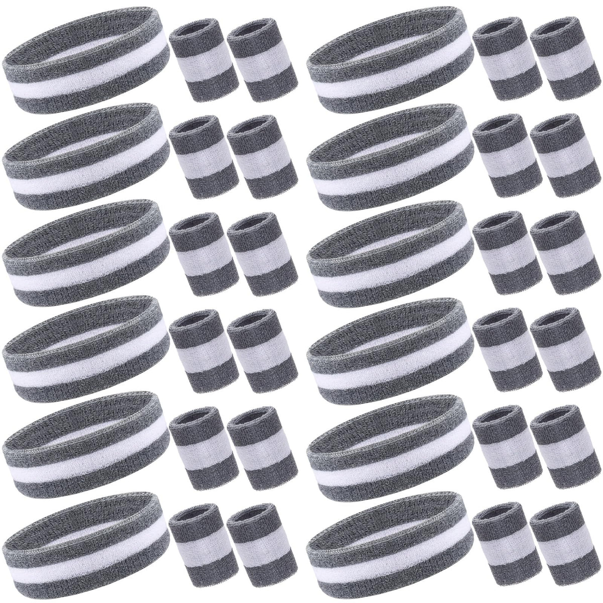Eurzom 36 Pcs Neon Sports Sweatbands Set Include 12 Striped Sweat Absorbing Headbands 24 Wrist Sweatbands Cotton Wristbands for Men Women Gym Tennis(Grey, White)
