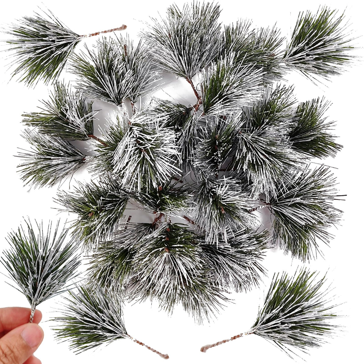 NSBELL 35PCS Artificial Green Pine Needles Branches, Small Pine Twigs Stems Picks, Fake Greenery Pine Picks for Christmas Garland, Wreath, Home Holiday Decoration (Green and White)