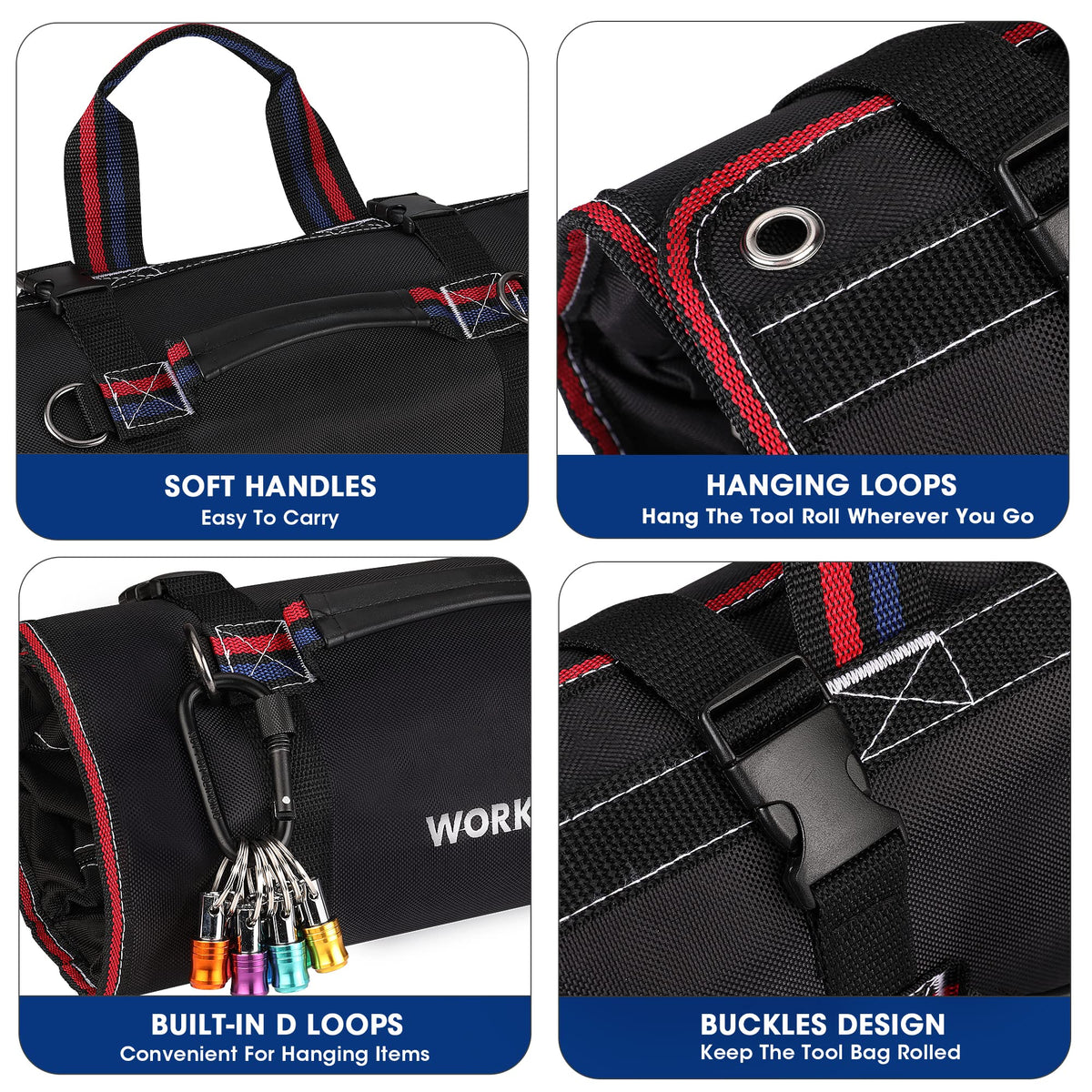 WORKPRO Roll Up Tool Bag, Tool Roll Up Bag with Detachable Tool Pouches, Heavy Duty Tool Bag Organizer with 6 Pockets, Tool Organizer for Mechanic, Electrician, Plumber and Carpenter