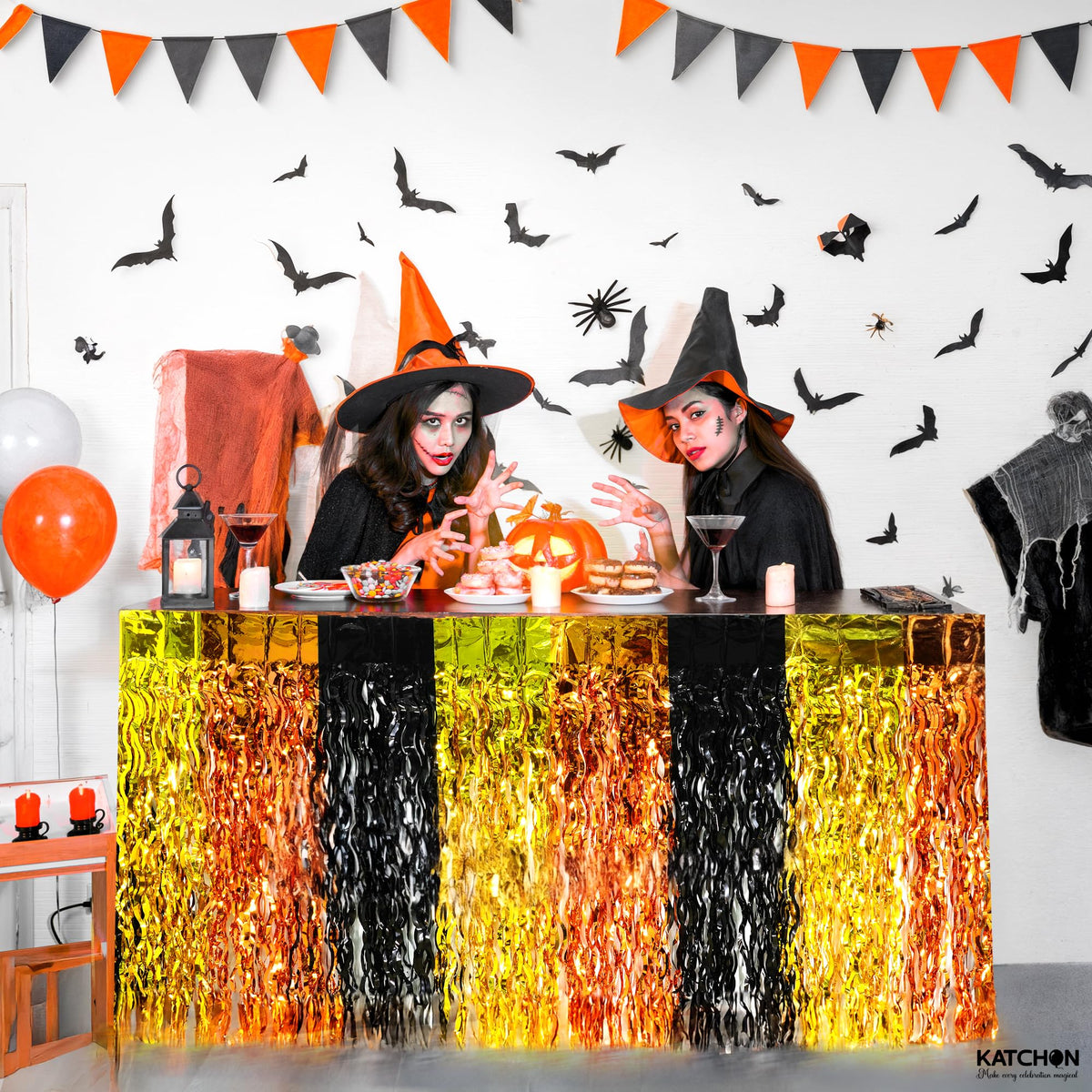 KatchOn, Black and Gold Table Fringe – Pack of 2 | Black, Gold, Orange Party Decorations | Tinsel Table Skirt Streamers for Graduation Decorations 2026 | Construction Party Decorations