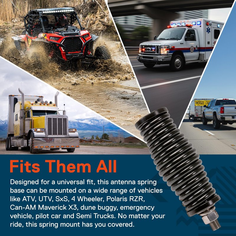 True MODS Black Heavy-Duty Stainless Steel CB Radio Antenna Spring Mount Base [3/8" 24 Thread] for Offroad UTV ATV SxS Side-by-Side 4 Wheeler Polaris RZR Razor Can-Am Maverick X3 Semi Truck Vehicle