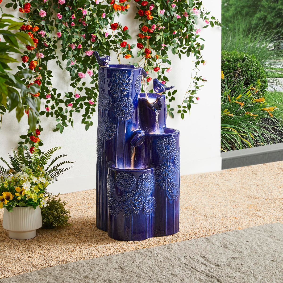 Glitzhome 32" H Outdoor Water Fountain with LED Lights and Pump, 4 Tier Ceramic Cobalt Blue Dandelion Texture Outdoor Fountains and Waterfalls with Cute Birds, for Porch Deck Garden Patio Backyard
