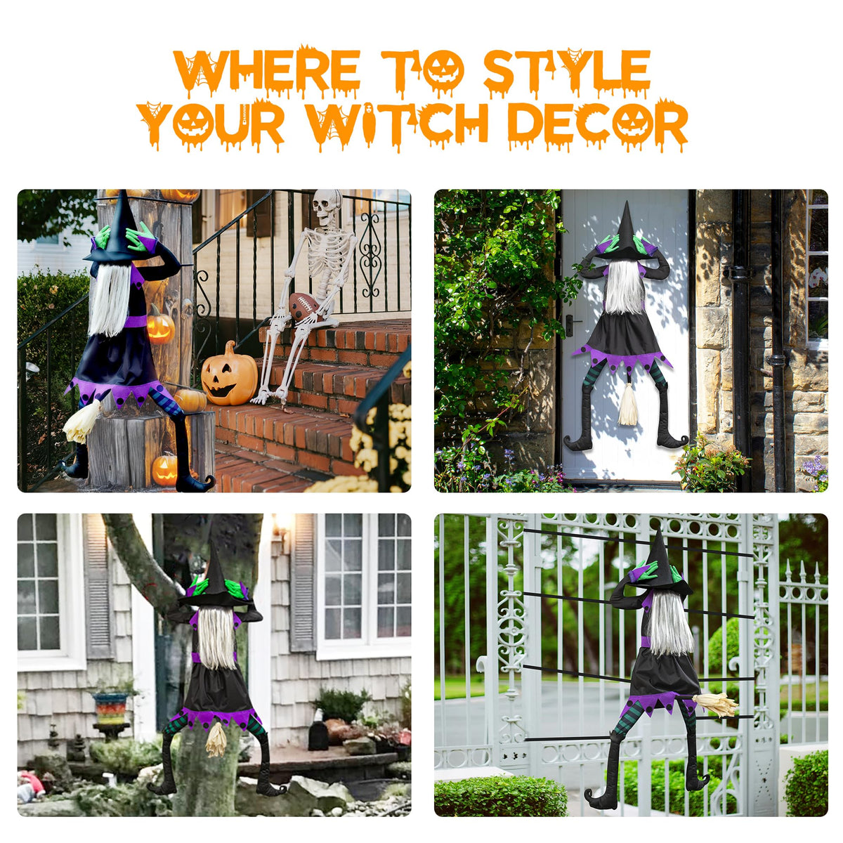 KwenPart 57" Large Flying Crashing Witch Into Tree Halloween Decoration - Funny Head-Clutching Outdoor Hanging Witch with 3D Effect Broom for Yard, Porch, Tree, Fence, Door - Weather-Resistant Decor
