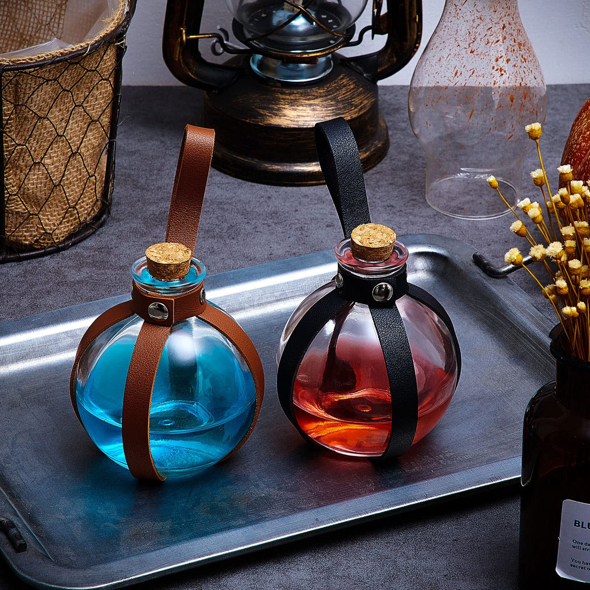 Patelai 6 Pcs Halloween Glass Potion Bottles with Belt Cork Renaissance Witch Costume Accessories Witch Props Potion Bottle for Halloween Party Decor Cosplay DIY Crafts Gift (Black,Brown)