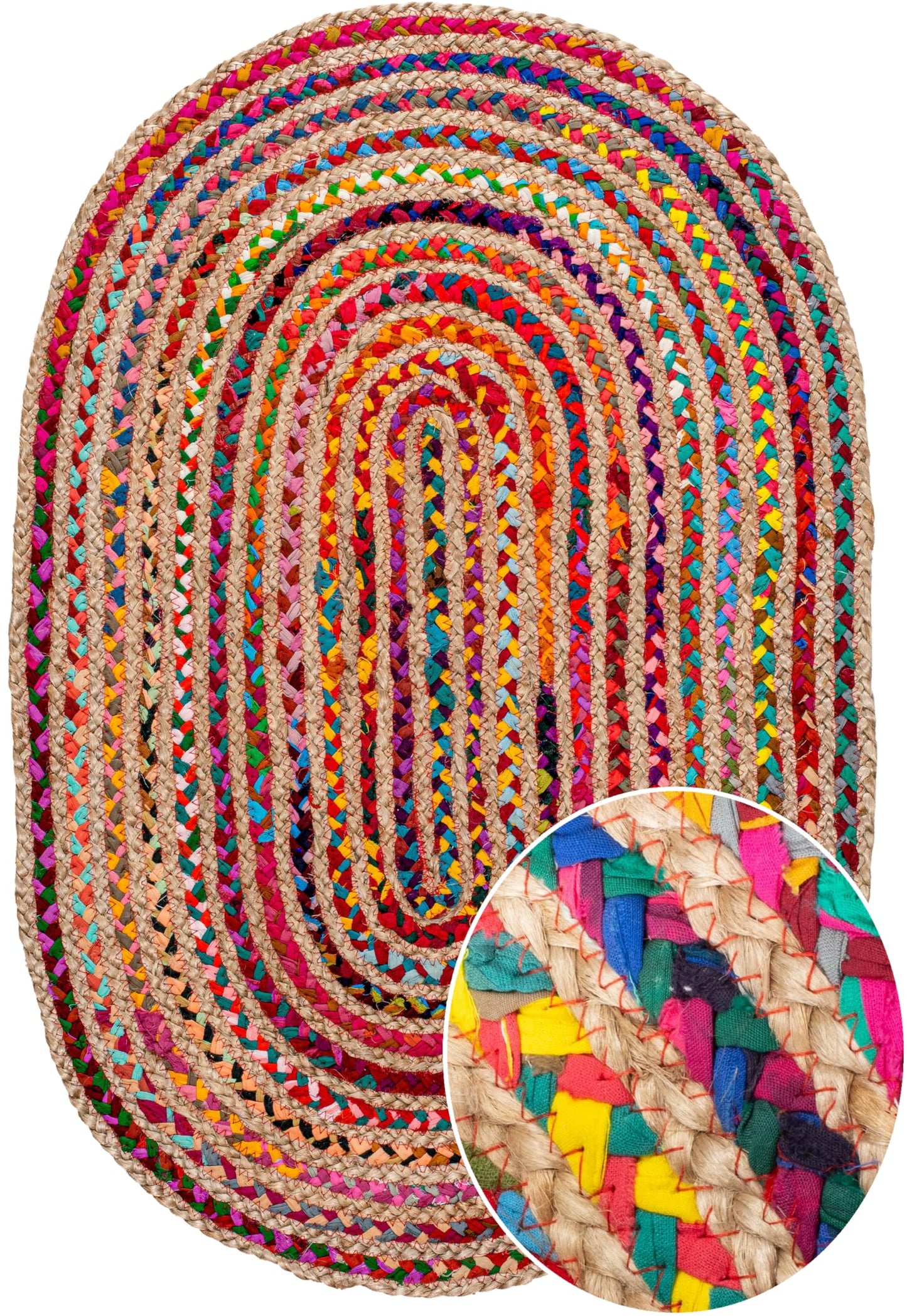 Savi Home Oval Jute Cotton Chindi Rug 3'x5' – Multicolor Braided Area Rug for Living Room, Kitchen, Entryway, Farmhouse & Bathroom – Handwoven Recycled Cotton Floor Mat