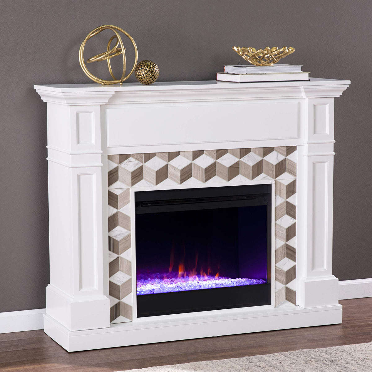 SEI Furniture Darvingmore Color Changing Fireplace w/Marble Surround, White/Brown