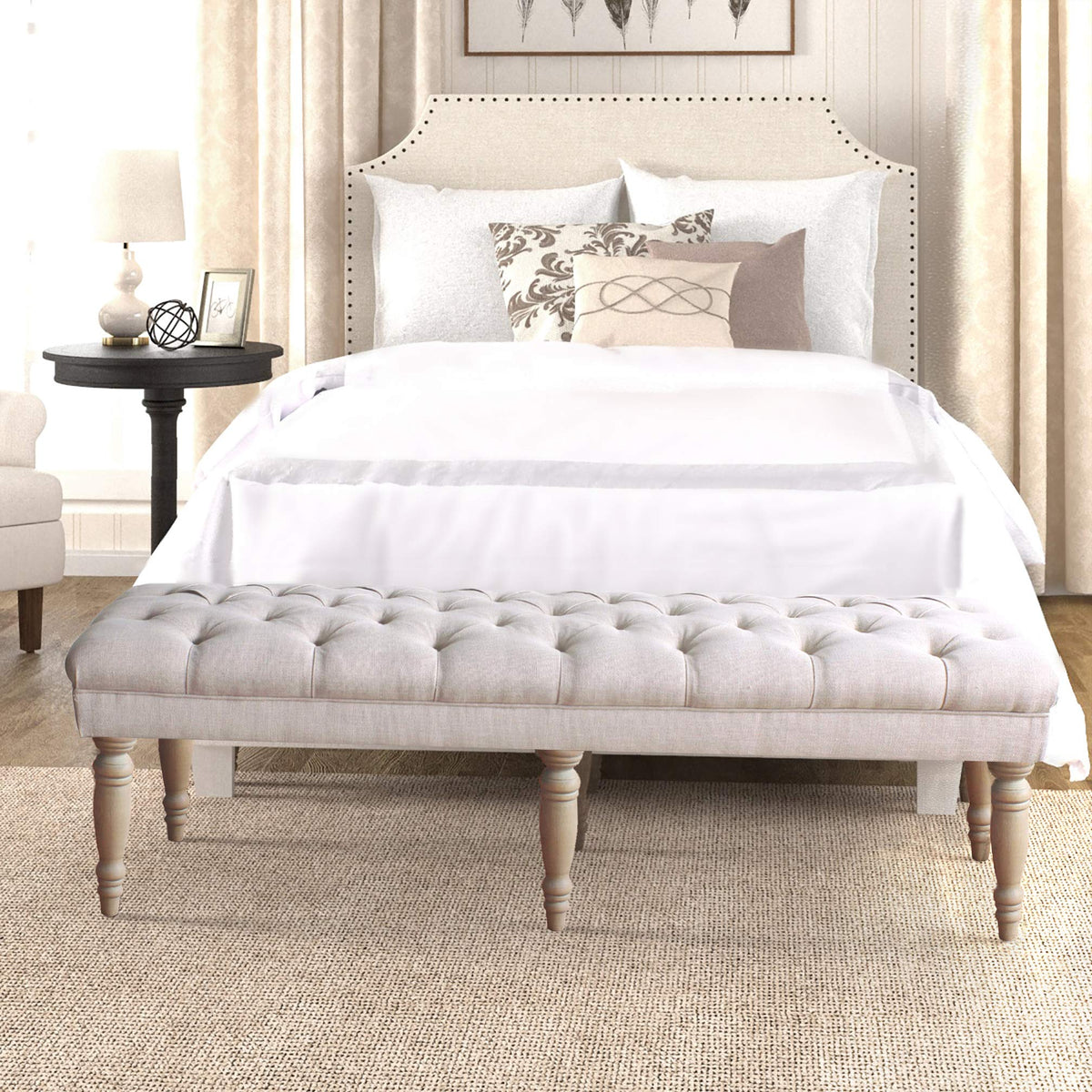 HomePop Large Upholstered Tufted Bench – Light Mauve