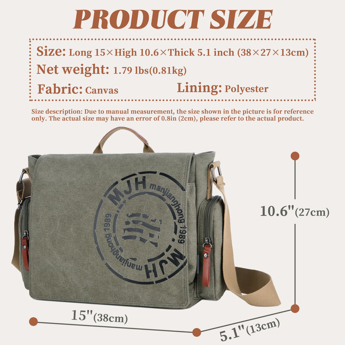 FSD.WG Satchel Messenger Bag for Men Canvas,Travel Shoulder bag 13.5" Laptop Bags