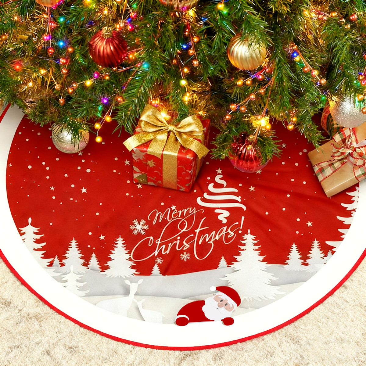 Christmas Tree Skirt Red Xmas Tree Ornaments for White Soft Plush Christmas Tree Mat with Snowy Pattern for Decorations Holiday Party 48 inches