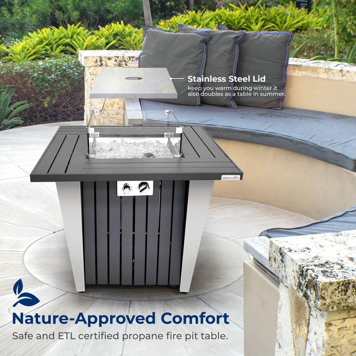SereneLife Propane Fire Pit Table with Sturdy Metal, Gas Pits with 50,000 BTU and Stainless Steel Fire Pan, Includes Decorative Glass Rocks, Weather Cover, CSA Certified for Outdoor Fireplaces