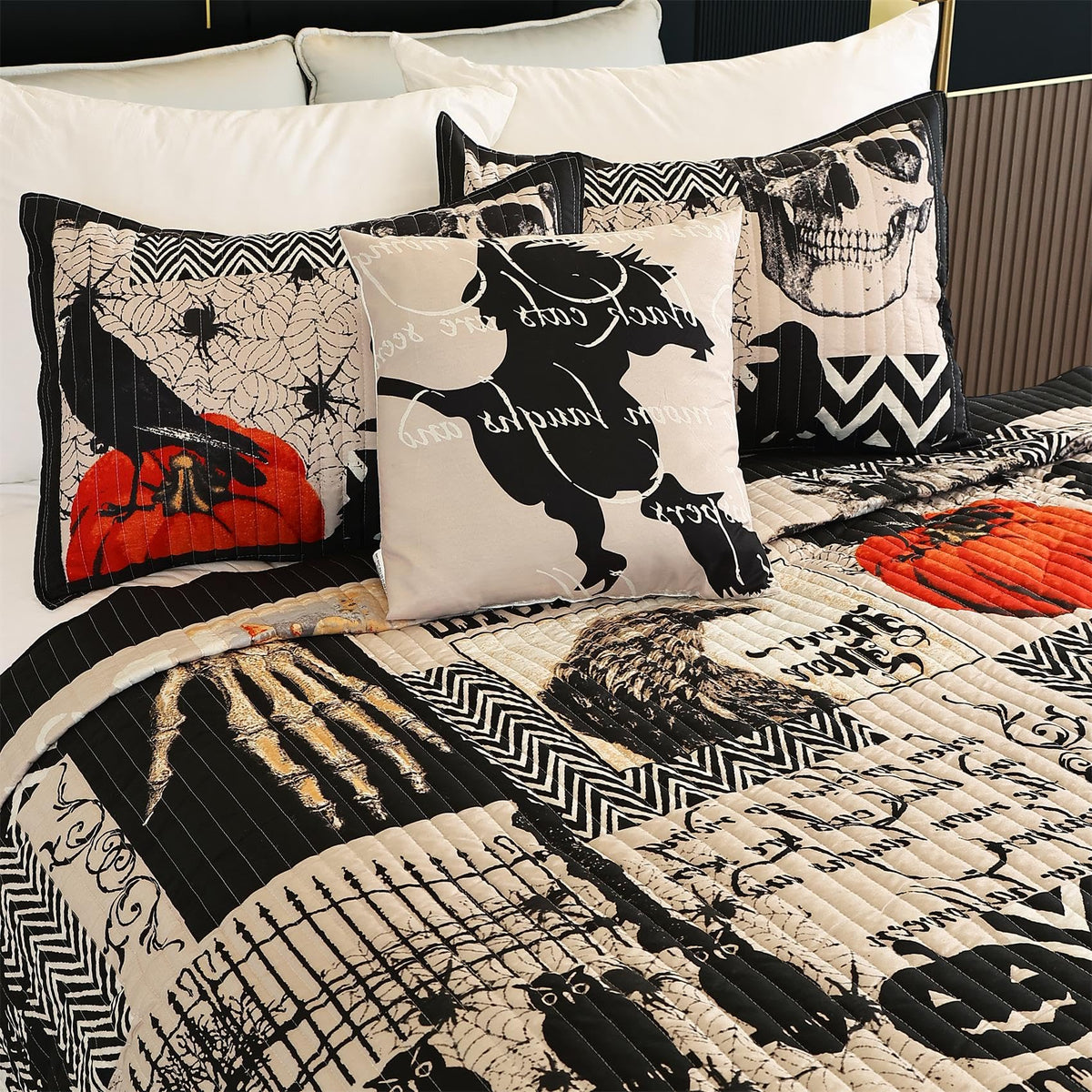 Halloween Quilt Set Queen Size,Black Orange Reversible Quilt Bedding Set 4PCS,Cat Pumpkin Spider Festival Themed Bedspread Full,Decorative Bedding Coverlet with 3 Pillow Shams(Orange&Black,90"x90")