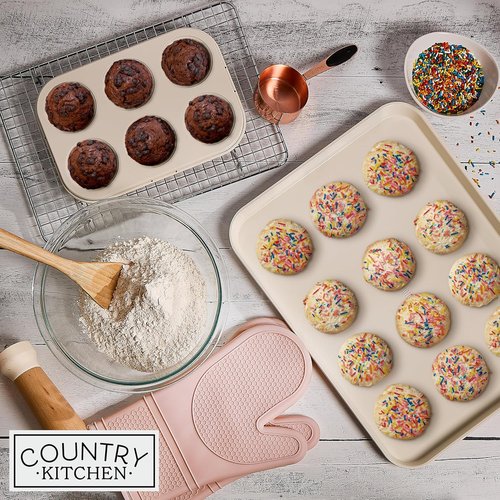 Country Kitchen Nonstick Bakeware Set - Durable, Easy Release 13-Piece Stackable Set in Pink