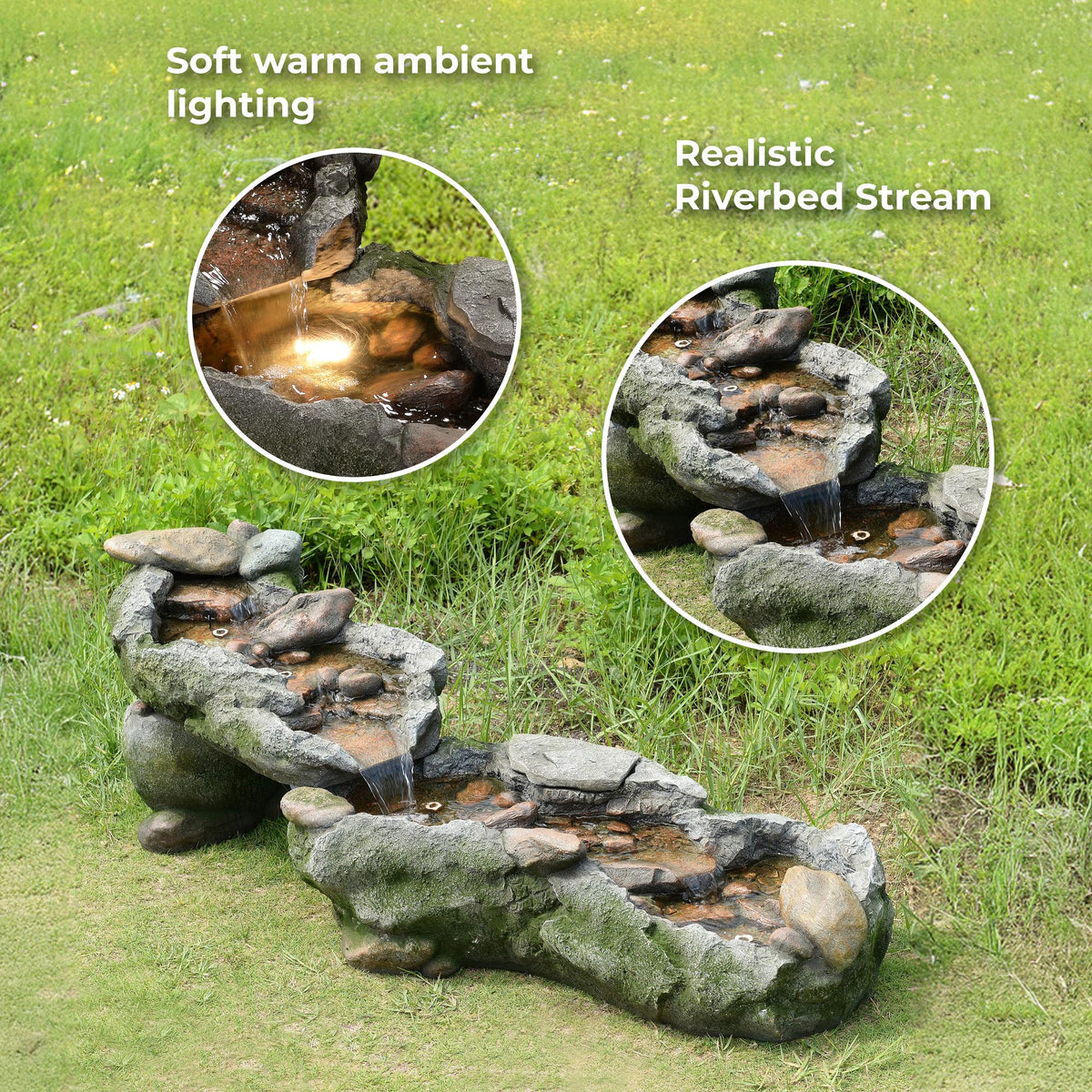 Teamson Home Riverstone Cascade Water Fountain Outdoor–LED Light with Adjustable Flow & Electric Pump, Gray