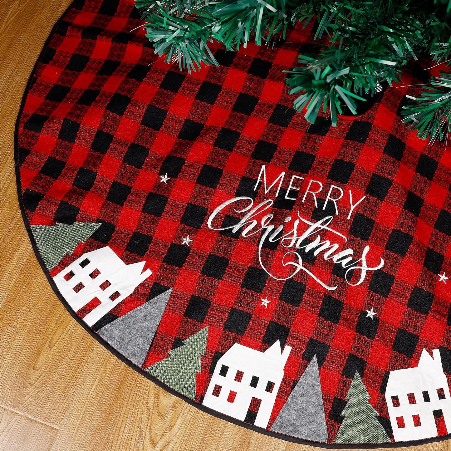 Juegoal 32-Inch Christmas Tree Skirt - Soft Red and Black Plaid Holiday Decor Mat