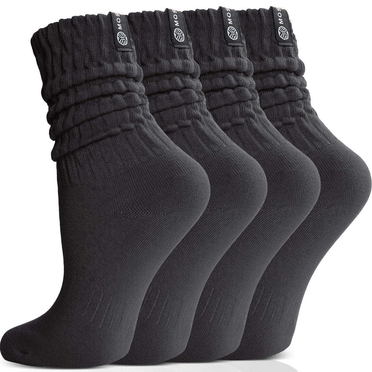 MOSEY KOSY Scrunch Cotton Socks, Slouch Calf Breathable Soft Socks for Women and Men, 4 Pairs (Black,M)
