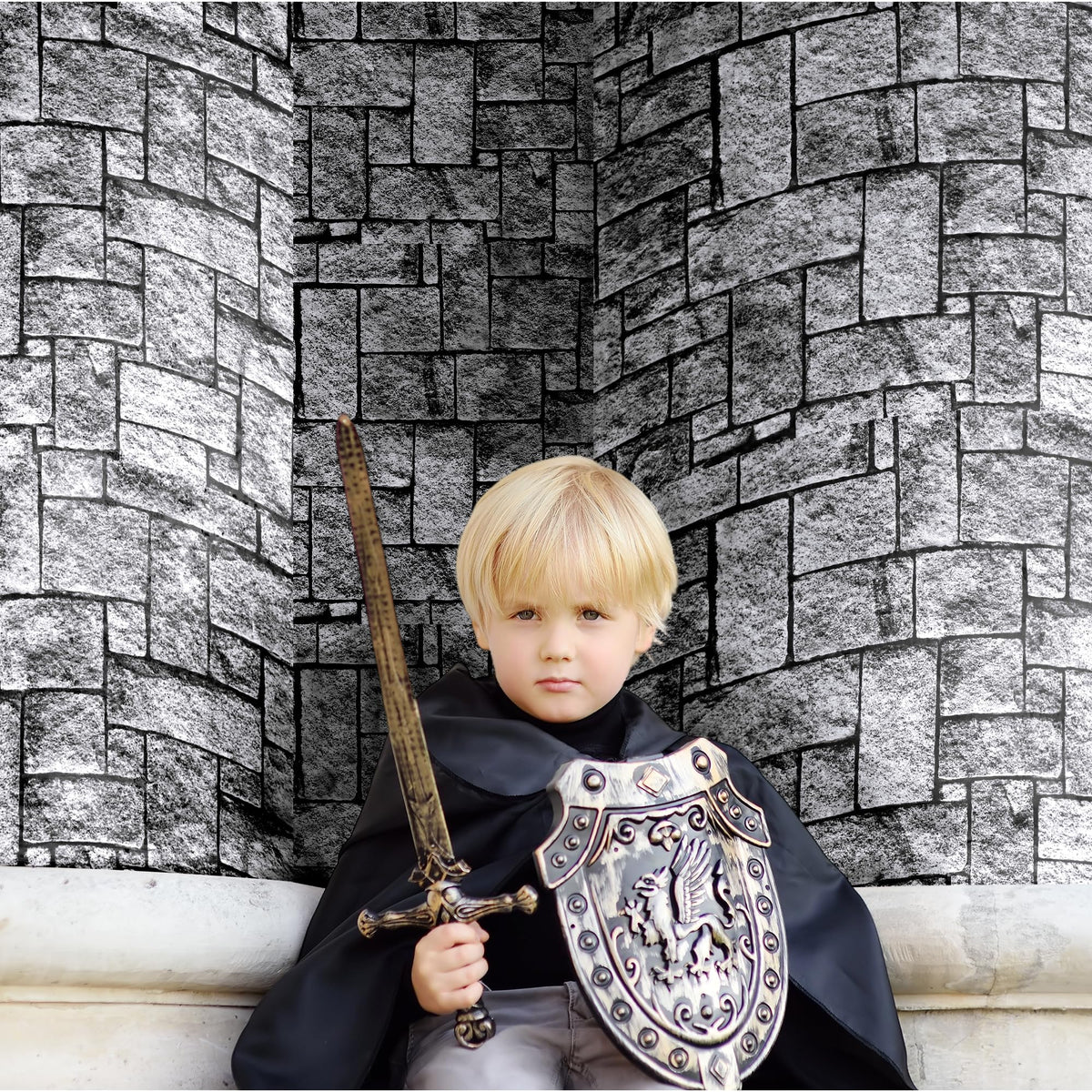Aneco 120 Ft x 54 Inch Halloween Stone Wall Tablecloth Roll with Cutter Box Disposable Brick Stone Plastic Table Cover Medieval Brick Wall Backdrops for Castle Knight Theme Parties and Birthdays