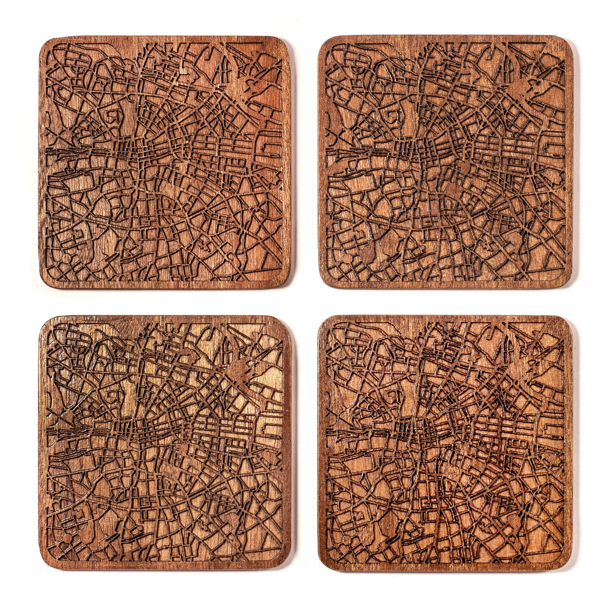 Dublin Map Coaster by O3 Design Studio, Set Of 4, Sapele Wooden Coaster With City Map, Handmade