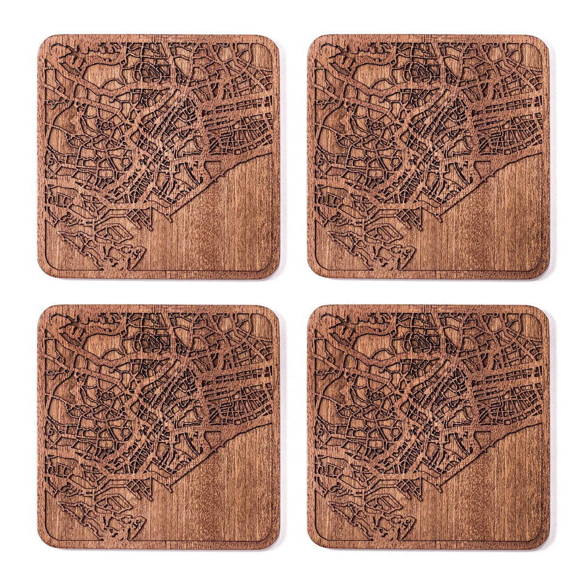 Singapore Map Coaster by O3 Design Studio, Set Of 4, Sapele Wooden Coaster With City Map, Handmade