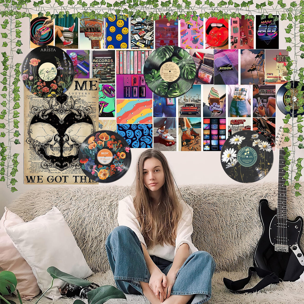 HK Studio Hippie Decor, Posters for Room Aesthetic - Botanical Wall Art, Record Decor, 4pcs 12"