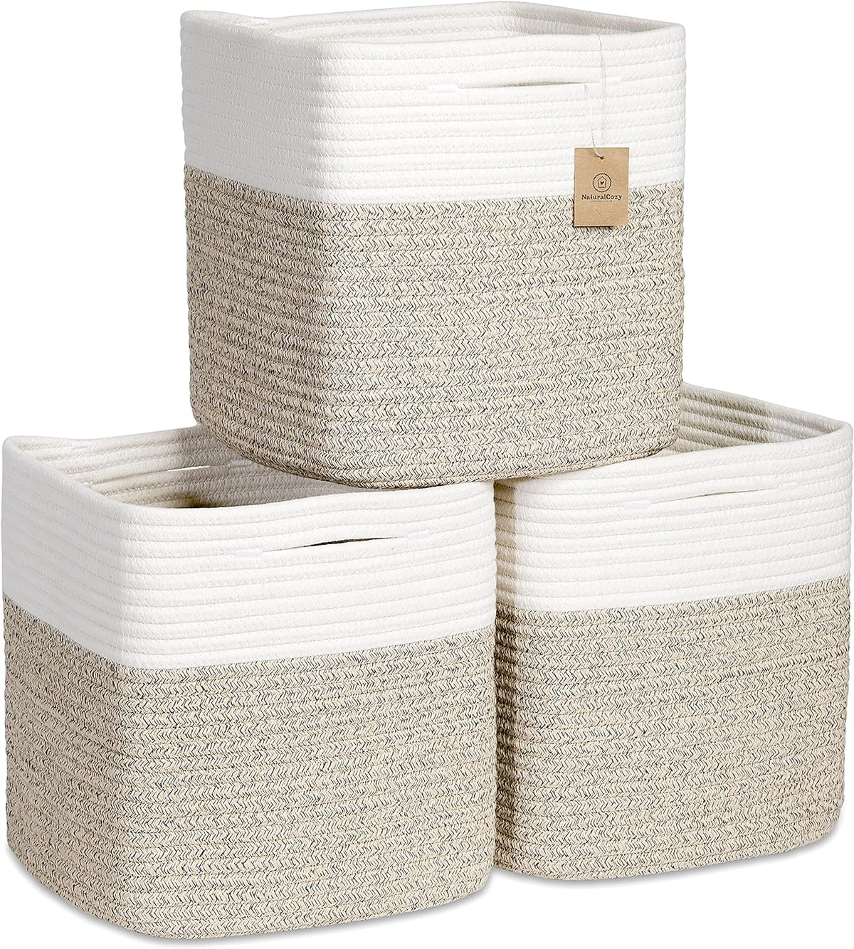 NaturalCozy Storage Cubes - 11-Inch Cotton Rope Baskets for Organizing | 3-Pack Cube Bin Set for Kids' Toys, Nursery, Closet